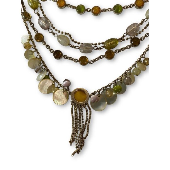 Gold Tone Amber & Green Mother Of Pearl Shell Layered Ribbon Necklace Versona - Picture 4 of 5